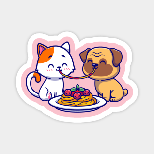 Cute Couple Cat And Pug Dog Eating Spaghetti Together Cartoon Magnet