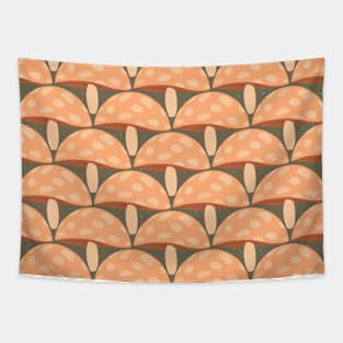 Whimsical Peach-Colored Mushrooms on a Sage Green Background Tapestry