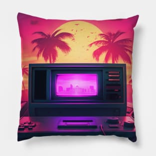 Retro Futuristic Computer Synthwave Sun And Palms Pillow