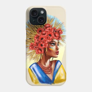 Ukrainian woman with national flag with wheat and flowers Phone Case