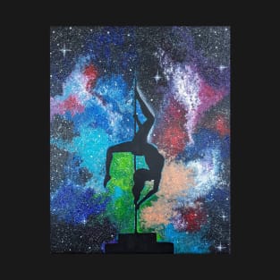 Pole Dancer Silhouette in Starry Galaxy Background T-Shirt