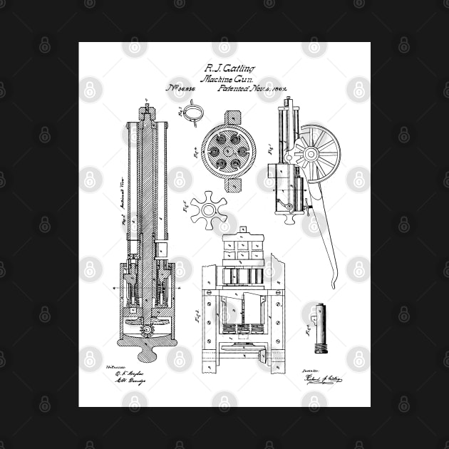 Gatling Machine Gun Patent - Gun Lover Gun Shop Art - White by patentpress