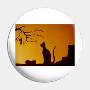 Cat and Bird at Sunset Pin