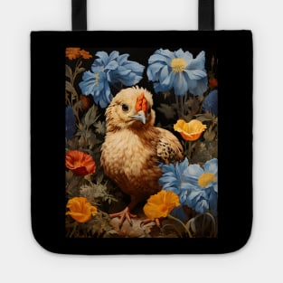 Retro Vintage Art Style Baby Chick in Field of Wild Flowers - Whimsical Farm Tote