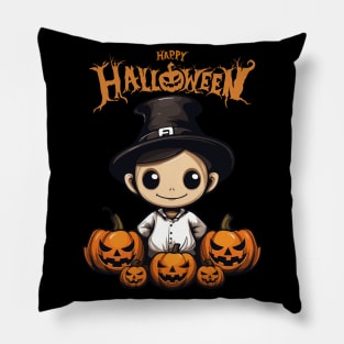 Cute Boy in Witch Hat and Spooky Pumpkin, Happy Halloween Pillow