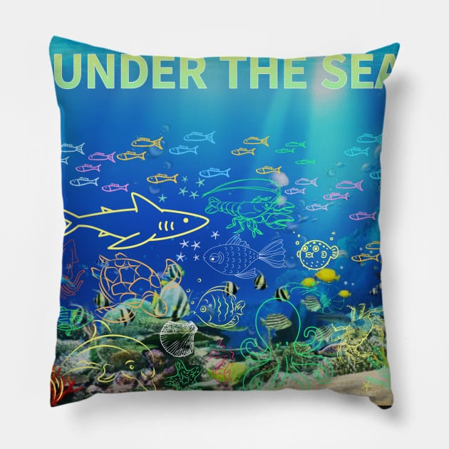 under the sea,blue sea,sea creatures,Turtle, puffer fish, starfish, shrimp, shark, tropical fish, sea horse, seaweed, sardines, squid, crabs, clams Pillow by zzzozzo