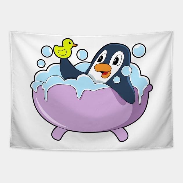 Penguin in Bathtub with Duck Tapestry by Markus Schnabel
