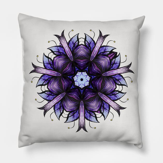 Abstract Flower Kaleidoscopic Pattern In Blue Violet Pillow by Boriana Giormova