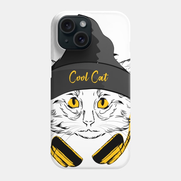 Cool Cat in Beenie and Yellow Headphones Phone Case by Justcreativek