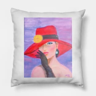 Incognito. Elegant lady wearing a red hat Pillow