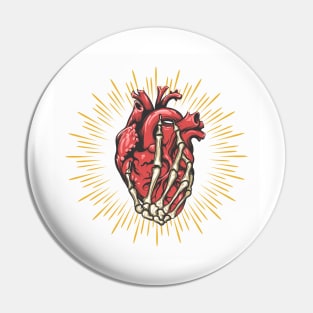 Skeleton Hand Holds Heart Tattoo on white Background Pin