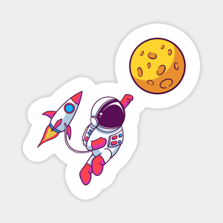 Astronaut Flying Rocket To The Moon Magnet