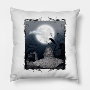 Bride Visits Grave of Her Beloved on Dark Moonlit Night Pillow