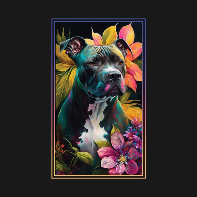 American Staffordshire Terrier Pitbull Vibrant Tropical Flower Tall Digital Oil Painting Portrait  4 by ArtHouseFlunky