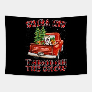 Christmas Shiba Inu Through The Snow Dog Santa Truck Tree Tapestry