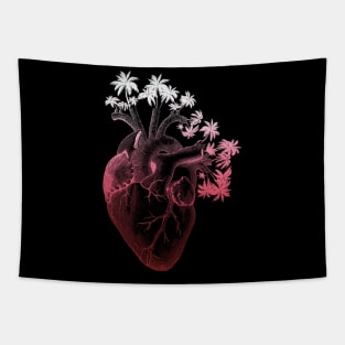 Crimson Colored Anatomically Correct Human Heart - Palm Trees Tapestry