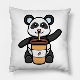 Sticker and Label Of Cute Baby Panda With Coffee. Pillow