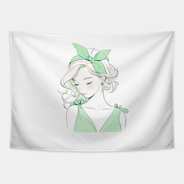 Minimalist line art pretty girl in green Tapestry by girl with pride