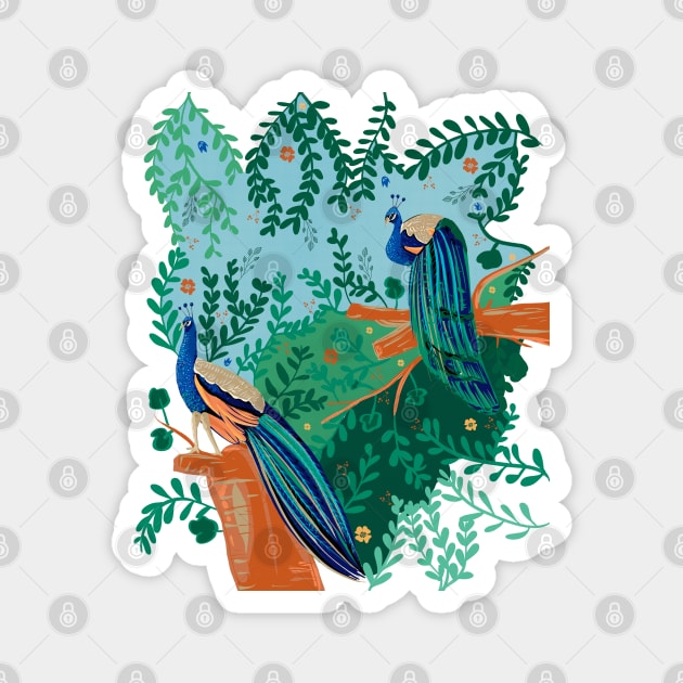 Peacocks on trees Magnet by Mimie20
