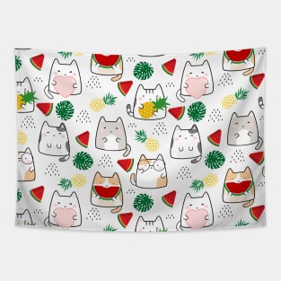 Seamless Pattern Melon Pineapple Cute Kawaii Cats Tapestry