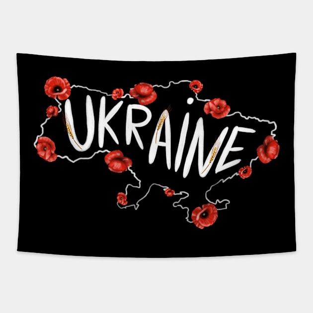 Map of Ukraine with red poppies and  text in English Ukraine. Tapestry by Olena Tyshchenko