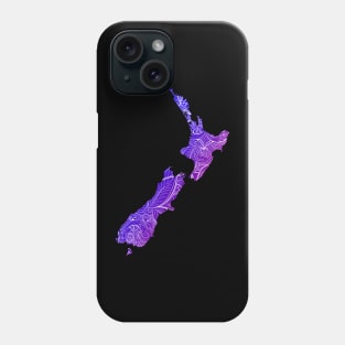 Colorful mandala art map of New Zealand with text in blue and violet Phone Case