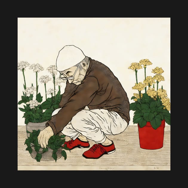 Asian painting. An elderly man plants flowers by KOTYA