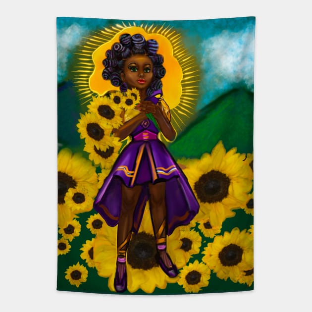 anime girl  sunflower warrior princess ii with Bantu knots - black girl with Afro hair and dark brown skin and flowers Tapestry by Artonmytee