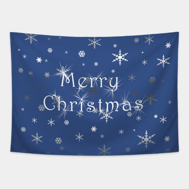 Merry Christmas & Snowflakes on Blue Tapestry by karenmcfarland13