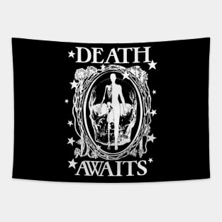 Death Awaits Spooky Goth Mirror Skeleton Halloween Black White Tapestry