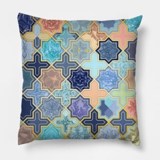 Cream, Navy and Aqua Geometric Tile Pattern Pillow