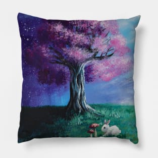 Scenery Painting Fairytale Bunny  Pink Cherry Blossom Tree Pillow