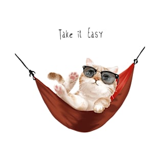 Take it easy slogan with cute cat in sunglasses relaxing in red hammock T-Shirt