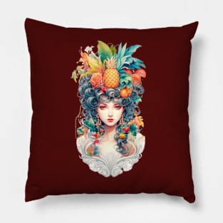 Girl with Fruits and Flowers on her Head Pillow