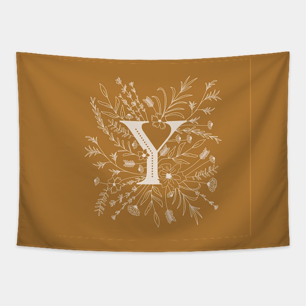 Botanical Letter Y (Mustard Yellow) Tapestry by Cascade Patterns