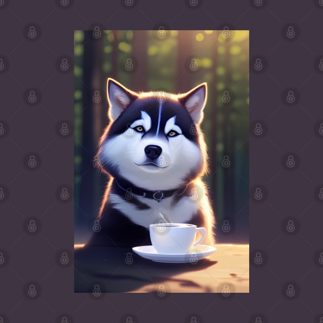 Siberian Husky with a mug cup of morning coffee by akwl.design