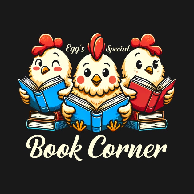 Egg's special book corner - simple library scene with chickens reading by ArtbyJester