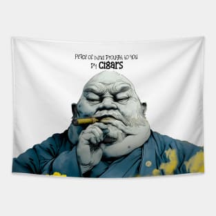 Puff Sumo: Peace of Mind Brought to you by Cigars on a light (Knocked out) background Tapestry