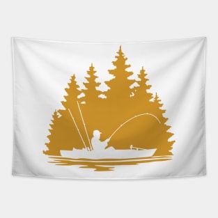 Kayak Fisherman Rural Lake Scene Silhouette Tapestry