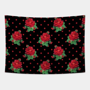 Red vintage roses red polka dots on black Tapestry