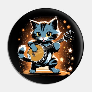 Dancing grey cat with his banjo Pin