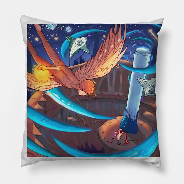 angel boy vs the evil tower Pillow by Angeldrawzs