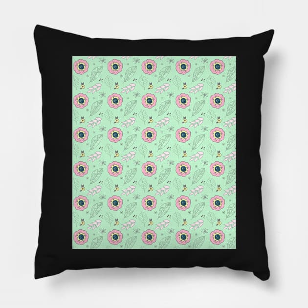 Mint Pink Spring Flowers Illustration Pillow by dreamingmind