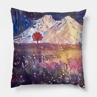 Abstract Flower field in the Mountains Still Life of a lonely tree Pillow