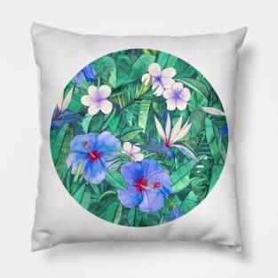 White Bird of Paradise & Blue Hibiscus Tropical Garden Pillow