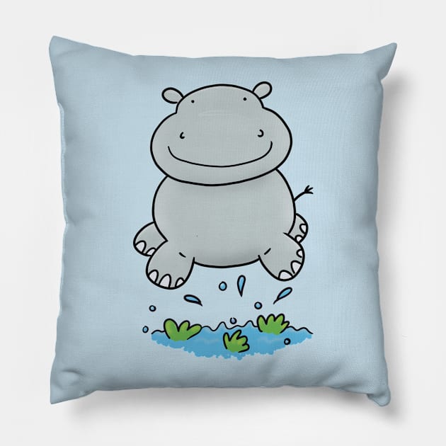 Cute baby hippo cartoon illustration Pillow by FrogFactory