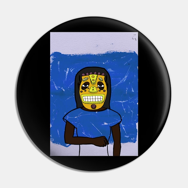 Cryptocurrency-Themed Bitcoin Digital Collectible - Character with FemaleMask, AfricanEye Color, and DarkSkin on TeePublic Pin by Hashed Art