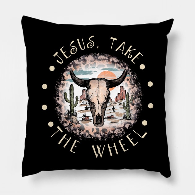 Jesus Take the Wheel Bull Skull Desert Pillow by KatelynnCold Brew