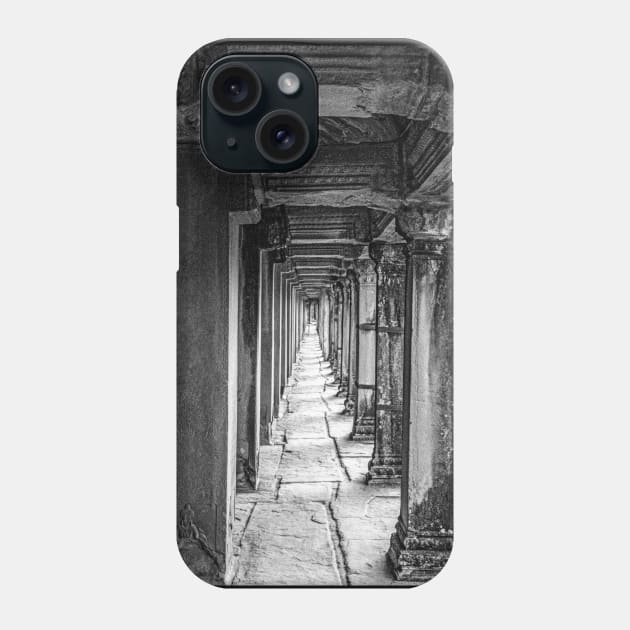 Pillars Along The Gallery, Angkor Wat - BW Phone Case by BrianPShaw