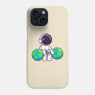 Cute Astronaut Lifting Earth Barbell Cartoon Phone Case